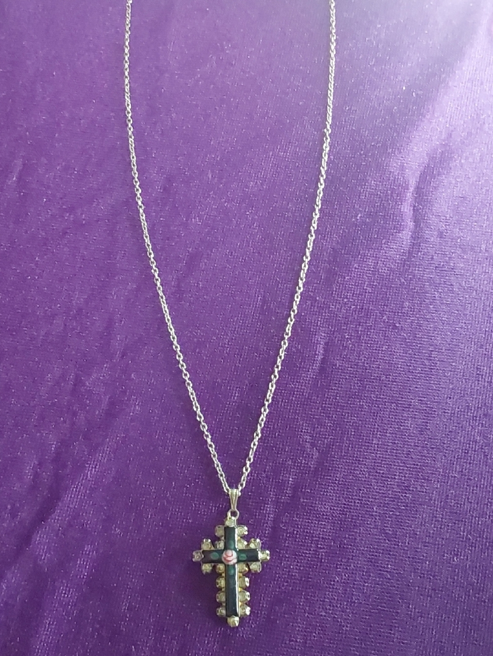 Victorian Antique Cross Enamel Paste Diamonds Pendant Necklace